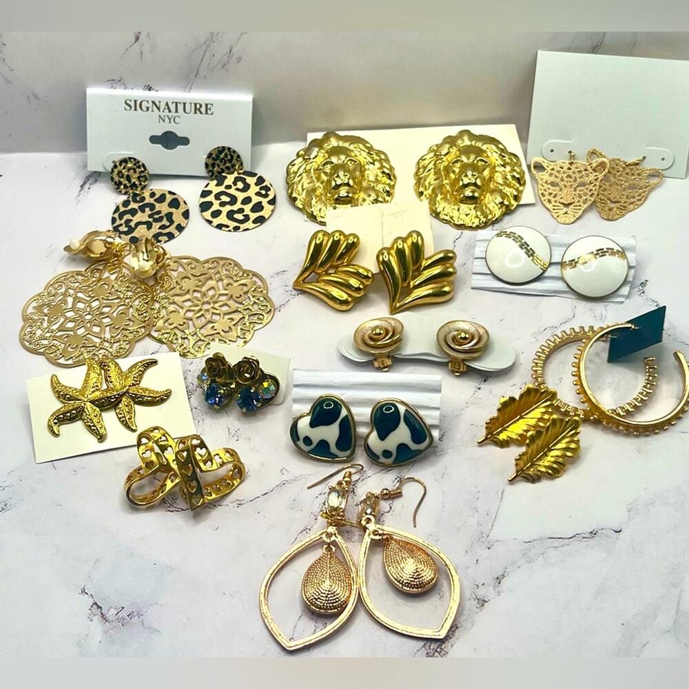 14 pairs of gold tone assorted style earrings, some NWT